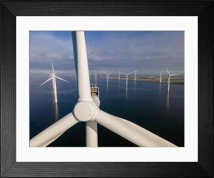 Framed Print : offshore windmill park with clouds and a blue sky, windmill park in the ocean drone aerial view with wind turbine Framed Print : offshore windmill park with clouds and a blue sky, windmill park in the ocean drone aerial view with wind turbine