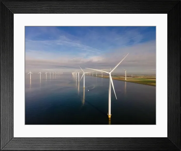 Framed Print : offshore windmill park with clouds and a blue sky, windmill park in the ocean drone aerial view with wind turbine Framed Print : offshore windmill park with clouds and a blue sky, windmill park in the ocean drone aerial view with wind turbine