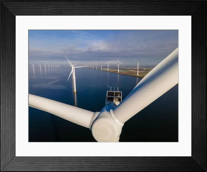 Framed Print : offshore windmill park with clouds and a blue sky, windmill park in the ocean drone aerial view with wind turbine Framed Print : offshore windmill park with clouds and a blue sky, windmill park in the ocean drone aerial view with wind turbine