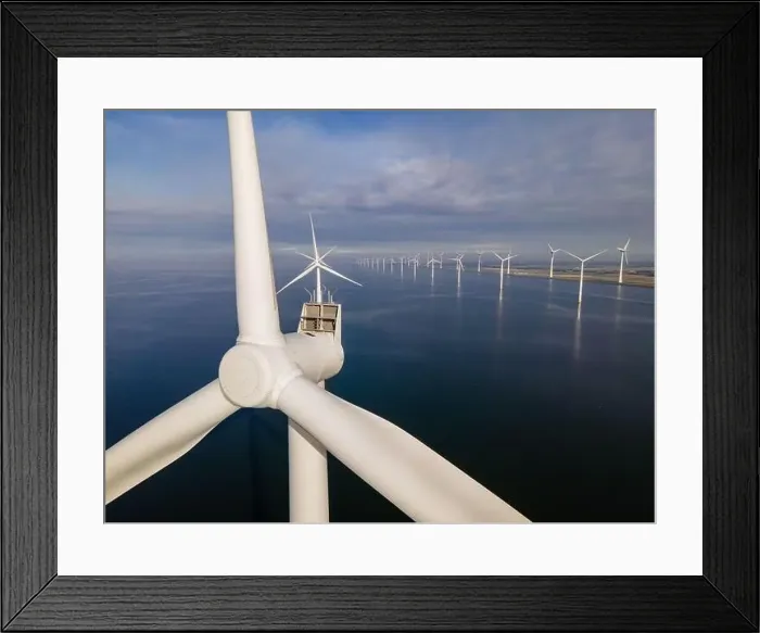 Framed Print : offshore windmill park with clouds and a blue sky, windmill park in the ocean drone aerial view with wind turbine Framed Print : offshore windmill park with clouds and a blue sky, windmill park in the ocean drone aerial view with wind turbine