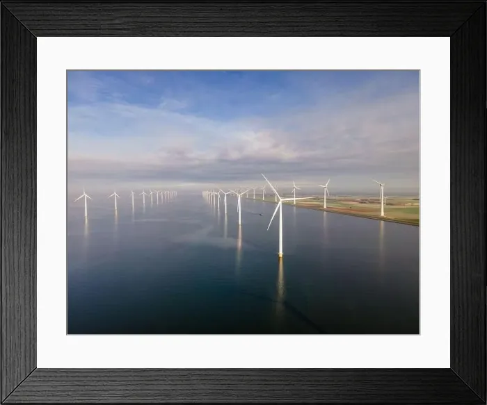 Framed Print : offshore windmill park with clouds and a blue sky, windmill park in the ocean drone aerial view with wind turbine Framed Print : offshore windmill park with clouds and a blue sky, windmill park in the ocean drone aerial view with wind turbine
