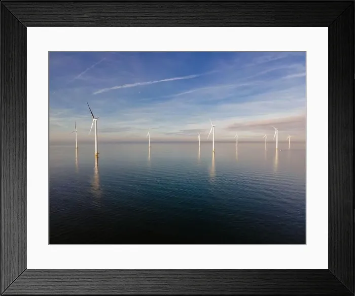 Framed Print : offshore windmill park with clouds and a blue sky, windmill park in the ocean drone aerial view with wind turbine Framed Print : offshore windmill park with clouds and a blue sky, windmill park in the ocean drone aerial view with wind turbine