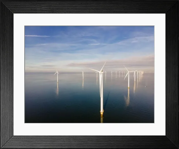 Framed Print : offshore windmill park with clouds and a blue sky, windmill park in the ocean drone aerial view with wind turbine Framed Print : offshore windmill park with clouds and a blue sky, windmill park in the ocean drone aerial view with wind turbine
