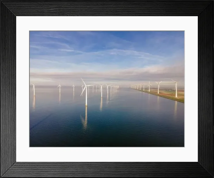 Framed Print : offshore windmill park with clouds and a blue sky, windmill park in the ocean drone aerial view with wind turbine Framed Print : offshore windmill park with clouds and a blue sky, windmill park in the ocean drone aerial view with wind turbine