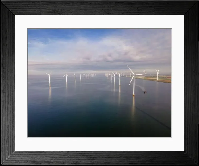 Framed Print : offshore windmill park with clouds and a blue sky, windmill park in the ocean drone aerial view with wind turbine Framed Print : offshore windmill park with clouds and a blue sky, windmill park in the ocean drone aerial view with wind turbine