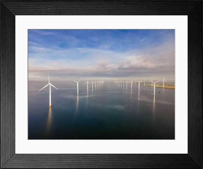 Framed Print : offshore windmill park with clouds and a blue sky, windmill park in the ocean drone aerial view with wind turbine Framed Print : offshore windmill park with clouds and a blue sky, windmill park in the ocean drone aerial view with wind turbine