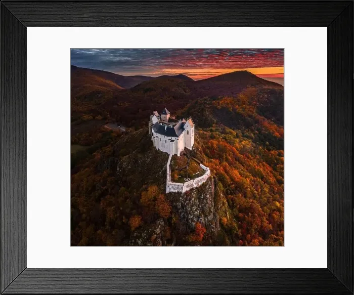 Framed Print : Fuzer, Hungary - Aerial view of the beautiful Castle of Fuzer with amazing colorful sunrise sky Framed Print : Fuzer, Hungary - Aerial view of the beautiful Castle of Fuzer with amazing colorful sunrise sky