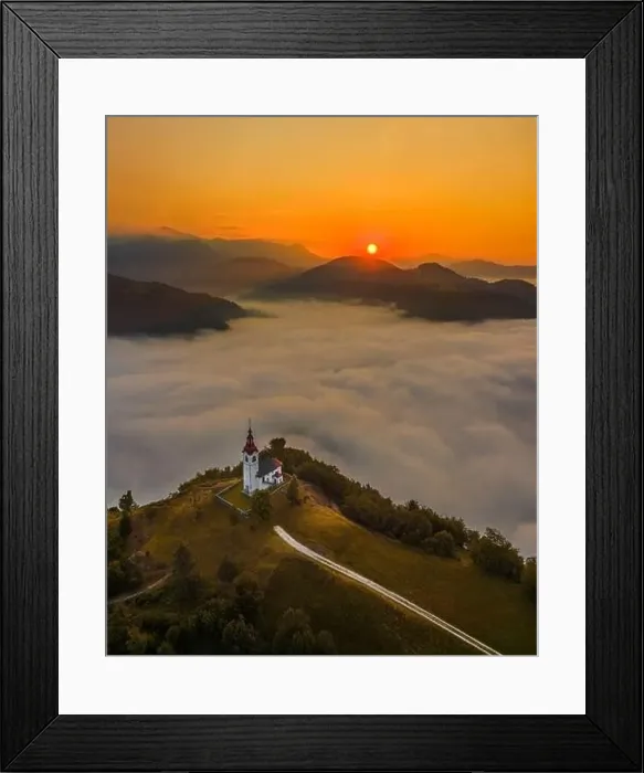 Framed Print : Sebrelje, Slovenia - Aerial drone view of the beautiful hilltop church of St