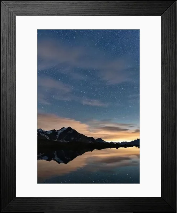 Framed Print : Starry night sky over Tresero peak mirrored in lake Manzina, Valfurva, Valtellina, Sondrio province, Lombardy, Italy Framed Print : Starry night sky over Tresero peak mirrored in lake Manzina, Valfurva, Valtellina, Sondrio province, Lombardy, Italy