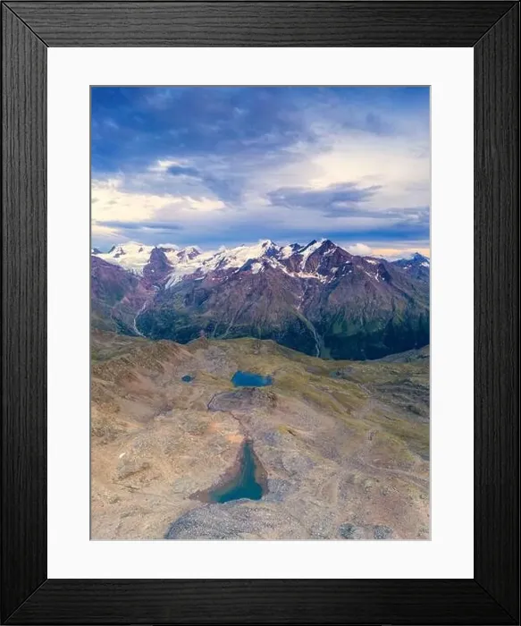 Framed Print : Aerial panoramic of Tresero peak and lake Manzina at sunset Framed Print : Aerial panoramic of Tresero peak and lake Manzina at sunset