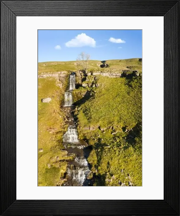 Framed Print : cray falls in wharfedale yorkshire on sunny day with blue sky drone image Framed Print : cray falls in wharfedale yorkshire on sunny day with blue sky drone image