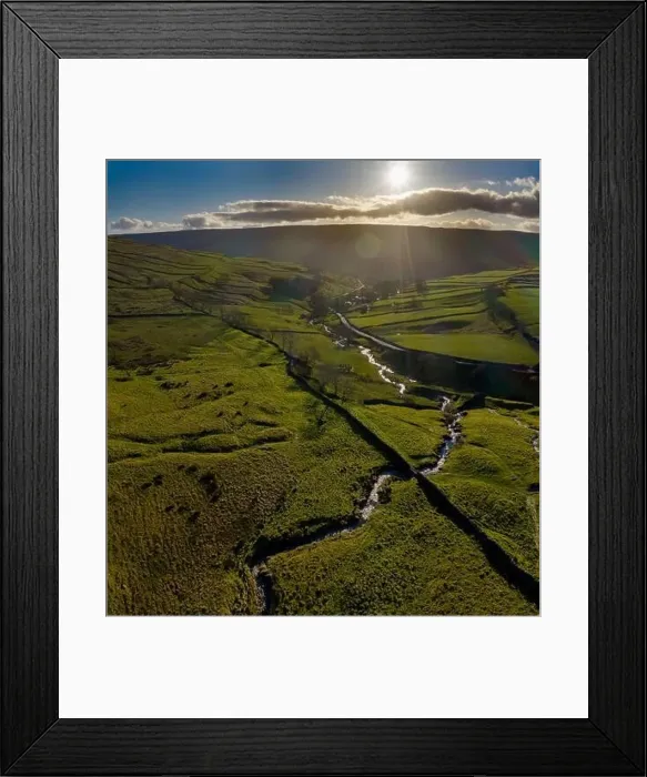 Framed Print : Cray Gill alongside Buckden Pike looking into the setting sun aerial view from drone Framed Print : Cray Gill alongside Buckden Pike looking into the setting sun aerial view from drone