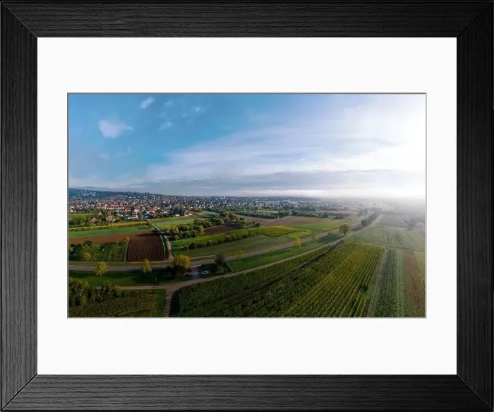 Framed Print : A drone panoramic view of the stunning expanse of the Vosges foothills. Autumn vineyards in the morning fog. France Framed Print : A drone panoramic view of the stunning expanse of the Vosges foothills. Autumn vineyards in the morning fog. France