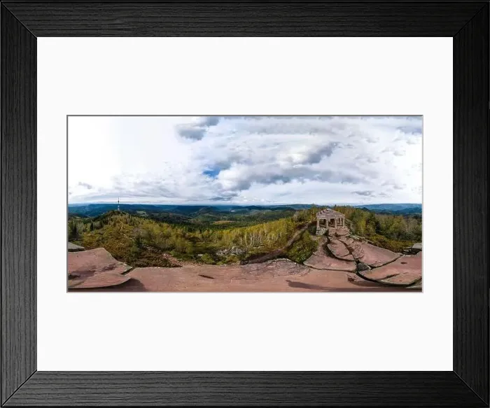 Framed Print : A drone spherical 360-degree panoramic view of the Monument on the Donon mountain peak in the Vosges Framed Print : A drone spherical 360-degree panoramic view of the Monument on the Donon mountain peak in the Vosges