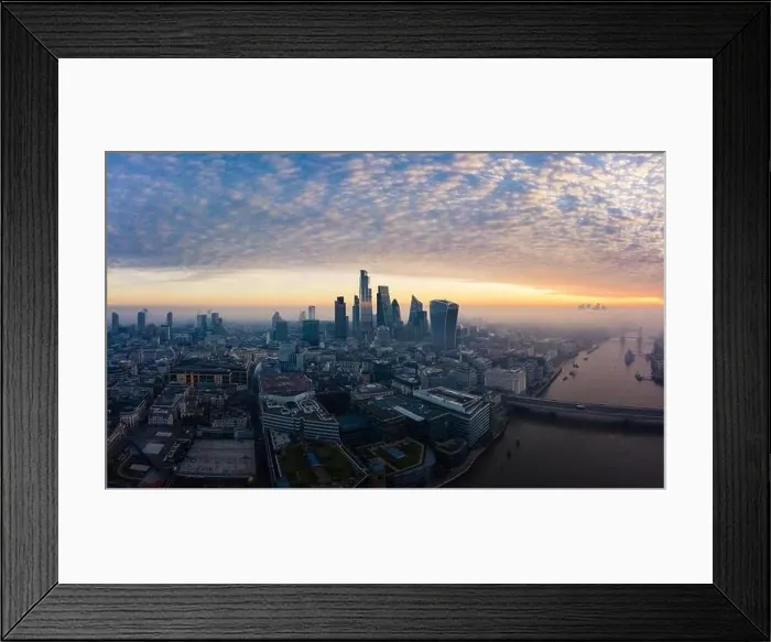 Framed Print : London city skyline, morning sunrise aerial panoramic view, United Kingdom Framed Print : London city skyline, morning sunrise aerial panoramic view, United Kingdom