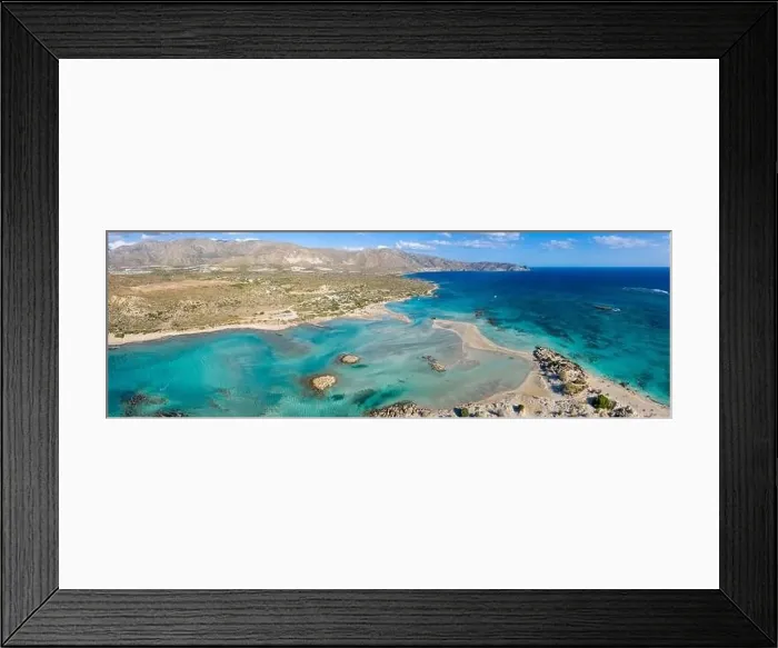 Framed Print : Aerial panoramic view of Elafonisi Beach, one of the most popular tourist destinations in the southwest of Crete, Greece Framed Print : Aerial panoramic view of Elafonisi Beach, one of the most popular tourist destinations in the southwest of Crete, Greece