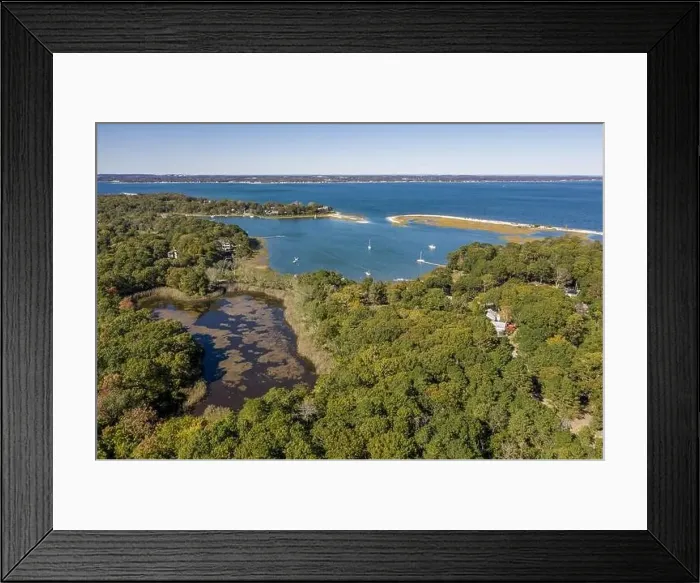Framed Print : Aerial view of Wehrman pond, Red creek pond and Peconic RIver area, Hampton Bays, NY