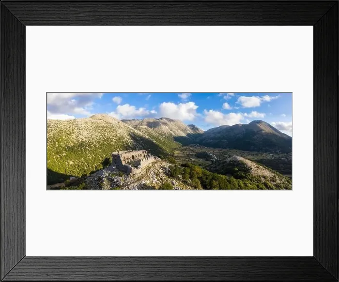 Framed Print : Panoramic aerial view of the ruins of a hilltop Turkish fortress on the Askifou Plateau, Crete, Greece Framed Print : Panoramic aerial view of the ruins of a hilltop Turkish fortress on the Askifou Plateau, Crete, Greece