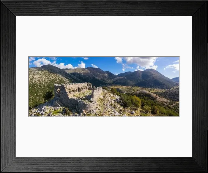 Framed Print : Panoramic aerial view of the ruins of a hilltop Turkish fortress on the Askifou Plateau, Crete, Greece Framed Print : Panoramic aerial view of the ruins of a hilltop Turkish fortress on the Askifou Plateau, Crete, Greece
