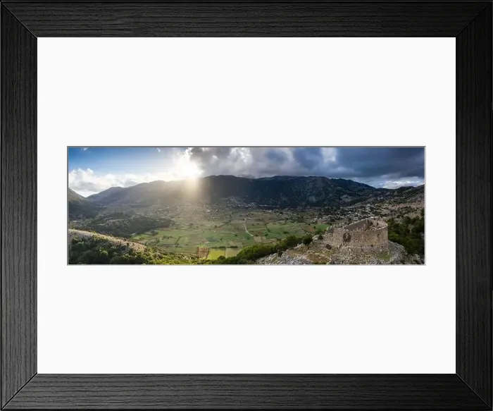 Framed Print : Aerial panoramic view of the ruins of a hilltop Turkish fortress on the Askifou Plateau at sunset, Crete, Greece Framed Print : Aerial panoramic view of the ruins of a hilltop Turkish fortress on the Askifou Plateau at sunset, Crete, Greece