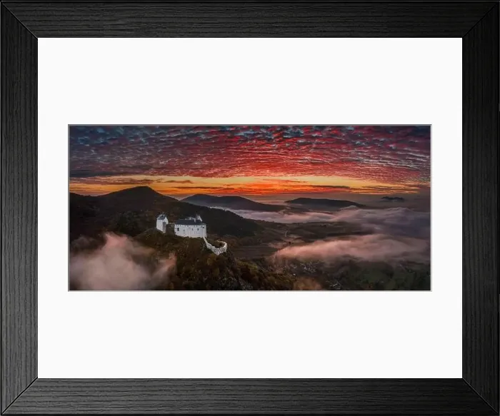 Framed Print : Fuzer, Hungary - Aerial panoramic view of the beautiful Castle of Fuzer with amazing colorful sunrise sky