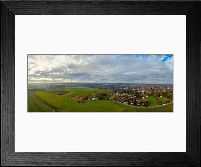 Framed Print : Foggy landscape from above as panoramic image of an idyllic bavarian village