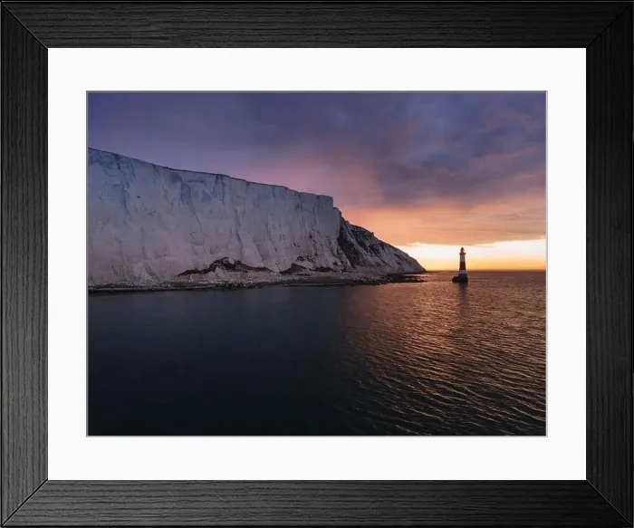 Framed Print : Aerial Drone Landscape photo of a Beachy Head Lighthouse and chalk cliffs at colorful sunrise with low tide in England Framed Print : Aerial Drone Landscape photo of a Beachy Head Lighthouse and chalk cliffs at colorful sunrise with low tide in England