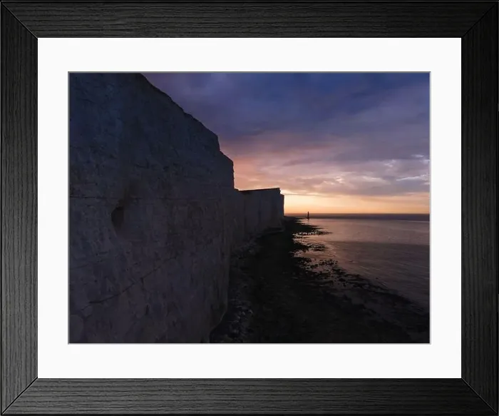 Framed Print : Aerial Drone Landscape photo of a Beachy Head Lighthouse and chalk cliffs at colorful sunrise with low tide in England Framed Print : Aerial Drone Landscape photo of a Beachy Head Lighthouse and chalk cliffs at colorful sunrise with low tide in England