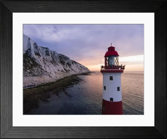 Framed Print : Aerial Drone Landscape photo of a Beachy Head Lighthouse and chalk cliffs at colorful sunrise with low tide in England Framed Print : Aerial Drone Landscape photo of a Beachy Head Lighthouse and chalk cliffs at colorful sunrise with low tide in England