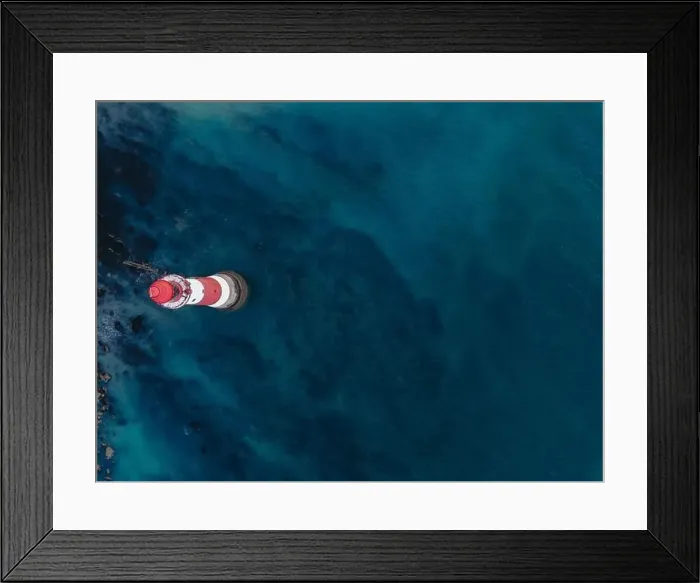 Framed Print : Aerial Drone Landscape photo of a Beachy Head Lighthouse and chalk cliffs at colorful sunrise with low tide in England Framed Print : Aerial Drone Landscape photo of a Beachy Head Lighthouse and chalk cliffs at colorful sunrise with low tide in England