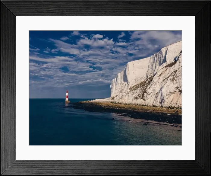 Framed Print : Aerial Drone Landscape photo of a Beachy Head Lighthouse and chalk cliffs at colorful sunrise with low tide in England Framed Print : Aerial Drone Landscape photo of a Beachy Head Lighthouse and chalk cliffs at colorful sunrise with low tide in England