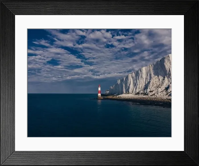 Framed Print : Aerial Drone Landscape photo of a Beachy Head Lighthouse and chalk cliffs at colorful sunrise with low tide in England Framed Print : Aerial Drone Landscape photo of a Beachy Head Lighthouse and chalk cliffs at colorful sunrise with low tide in England