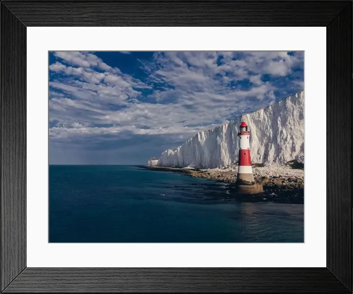 Framed Print : Aerial Drone Landscape photo of a Beachy Head Lighthouse and chalk cliffs at colorful sunrise with low tide in England