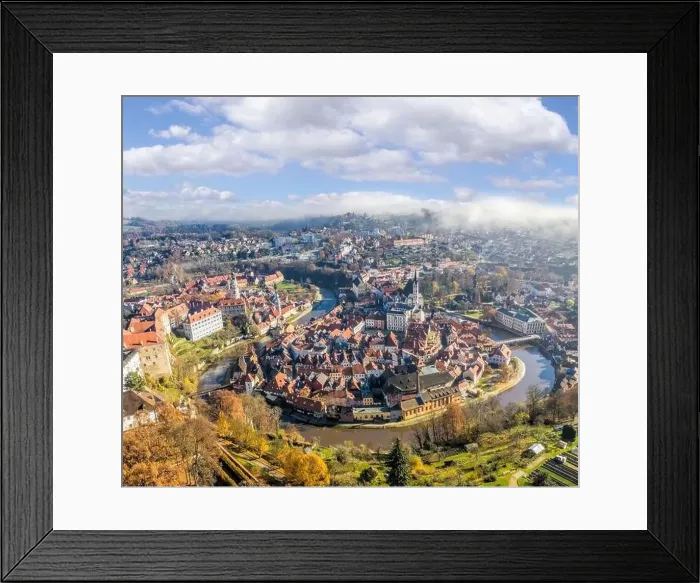 Framed Print : Panoramic aerial view over town center of Cesky Krumlov during autumn season in Czech Republic