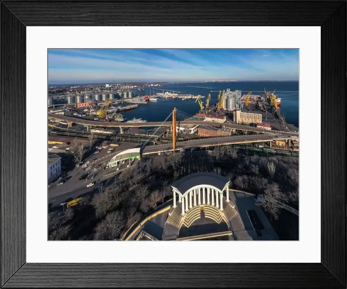 Framed Print : Air panorana of center city landscape with Primorsky Boulevard and sea port in Odessa Ukraine Framed Print : Air panorana of center city landscape with Primorsky Boulevard and sea port in Odessa Ukraine