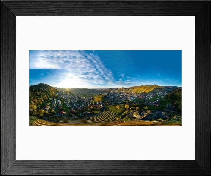 Framed Print : Colorful landscape 360-degree panoramic aerial view of little village Kappelrodeck in Black Forest mountains Framed Print : Colorful landscape 360-degree panoramic aerial view of little village Kappelrodeck in Black Forest mountains