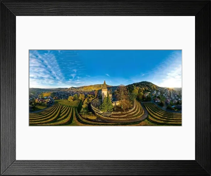 Framed Print : Colorful landscape 360-degree panoramic aerial view of little village Kappelrodeck in Black Forest mountains Framed Print : Colorful landscape 360-degree panoramic aerial view of little village Kappelrodeck in Black Forest mountains