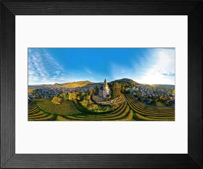 Framed Print : Colorful landscape 360-degree panoramic aerial view of little village Kappelrodeck in Black Forest mountains Framed Print : Colorful landscape 360-degree panoramic aerial view of little village Kappelrodeck in Black Forest mountains