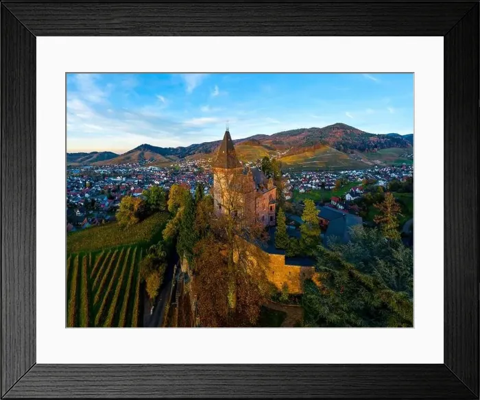 Framed Print : Colorful landscape aerial view of little village Kappelrodeck in Black Forest mountains Framed Print : Colorful landscape aerial view of little village Kappelrodeck in Black Forest mountains