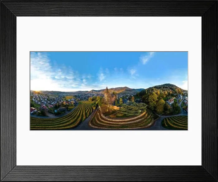 Framed Print : Colorful landscape 360-degree panoramic aerial view of little village Kappelrodeck in Black Forest mountains Framed Print : Colorful landscape 360-degree panoramic aerial view of little village Kappelrodeck in Black Forest mountains