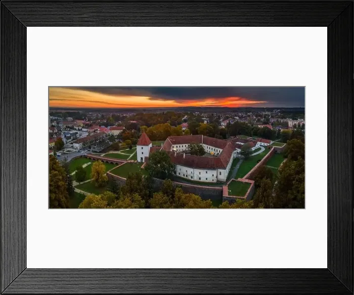 Framed Print : Sarvar, Hungary - Aerial panoramic view of the Castle of Sarvar (Nadasdy castle) with Sarvar Arboretum Framed Print : Sarvar, Hungary - Aerial panoramic view of the Castle of Sarvar (Nadasdy castle) with Sarvar Arboretum