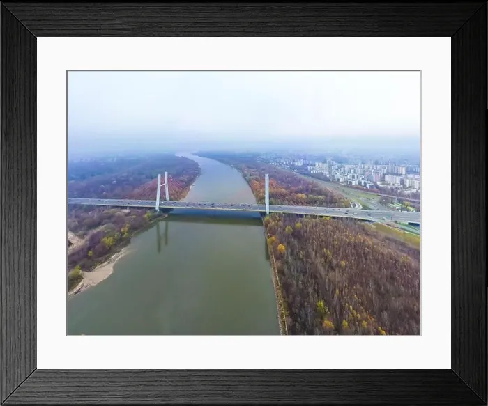 Framed Print : Aerial drone view. bridge in the rays of a sunny morning. Autumn haze in the air, cars are driving across the bridge Framed Print : Aerial drone view. bridge in the rays of a sunny morning. Autumn haze in the air, cars are driving across the bridge