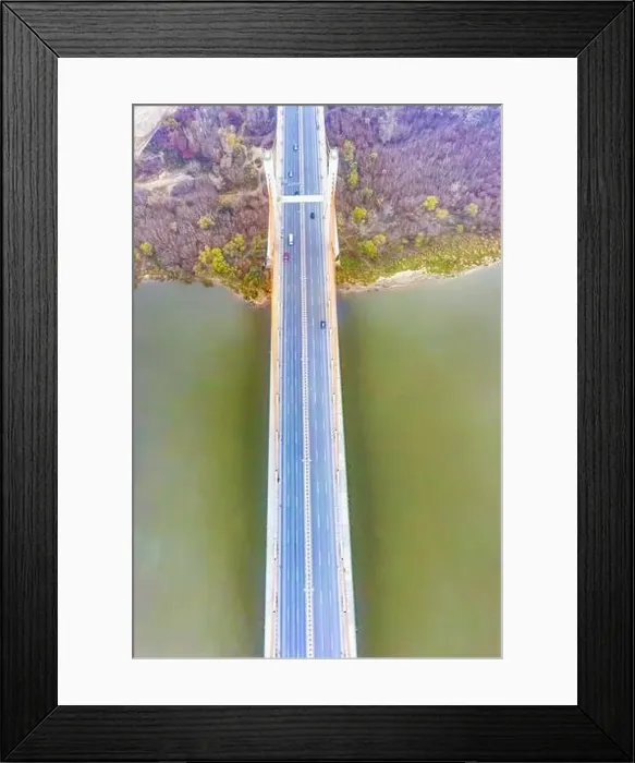 Framed Print : Aerial drone view. bridge in the rays of a sunny morning. Autumn haze in the air, cars are driving across the bridge Framed Print : Aerial drone view. bridge in the rays of a sunny morning. Autumn haze in the air, cars are driving across the bridge