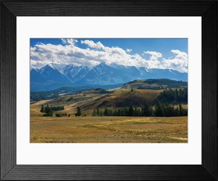 Framed Print : Kurai steppe and North-Chui ridge on background. Altai mountains, Russia