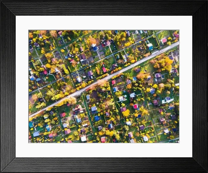 Framed Print : Abstract Pattern of Plot Gardens in Urban Area. Colorful Foliage in Autumn. Top Down Drone View Framed Print : Abstract Pattern of Plot Gardens in Urban Area. Colorful Foliage in Autumn. Top Down Drone View