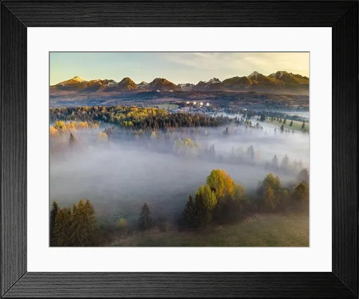 Framed Print : Aerial Drone View Over Fog and Mist at Sunrise in High Mountains. Autumn Tree Foliage Colors Framed Print : Aerial Drone View Over Fog and Mist at Sunrise in High Mountains. Autumn Tree Foliage Colors