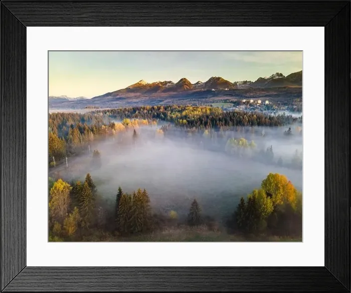 Framed Print : Beautiful Morning in High Tatras Mountains. Mist Over Fall Foliage. Aerial Drone View Framed Print : Beautiful Morning in High Tatras Mountains. Mist Over Fall Foliage. Aerial Drone View