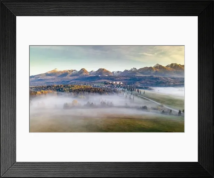 Framed Print : Panoramic View at High Tatra Mountains Ridge. Mist Over Trees at Autumn Sunrise. Aerial Drone View Framed Print : Panoramic View at High Tatra Mountains Ridge. Mist Over Trees at Autumn Sunrise. Aerial Drone View