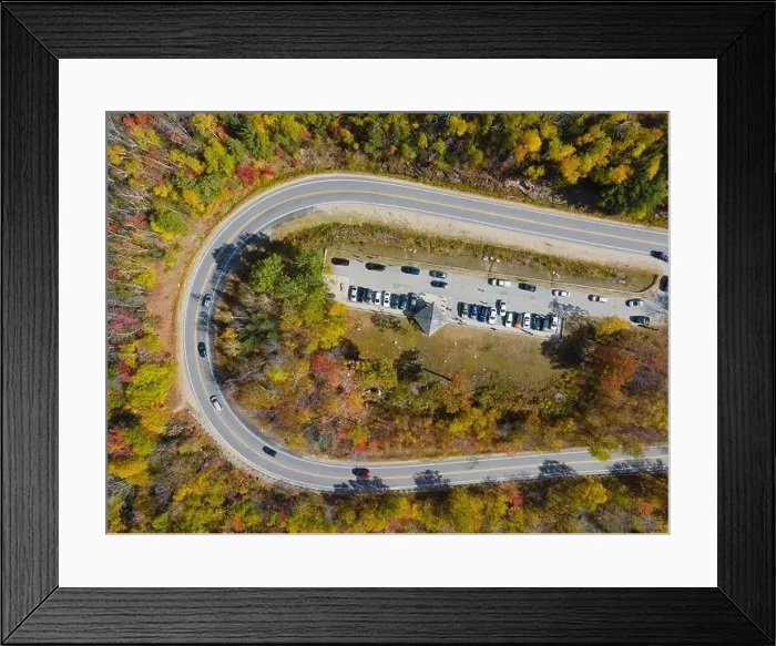 Framed Print : White Mountain National Forest fall foliage on Kancamagus Highway near Hancock Notch u-turn top view