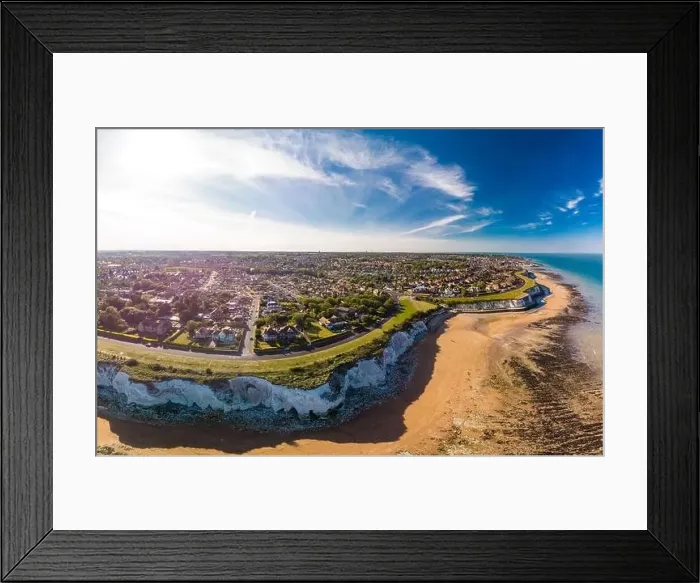 Framed Print : Drone aerial view of the beach and white cliffs on sunny day, Margate, England, UK Framed Print : Drone aerial view of the beach and white cliffs on sunny day, Margate, England, UK